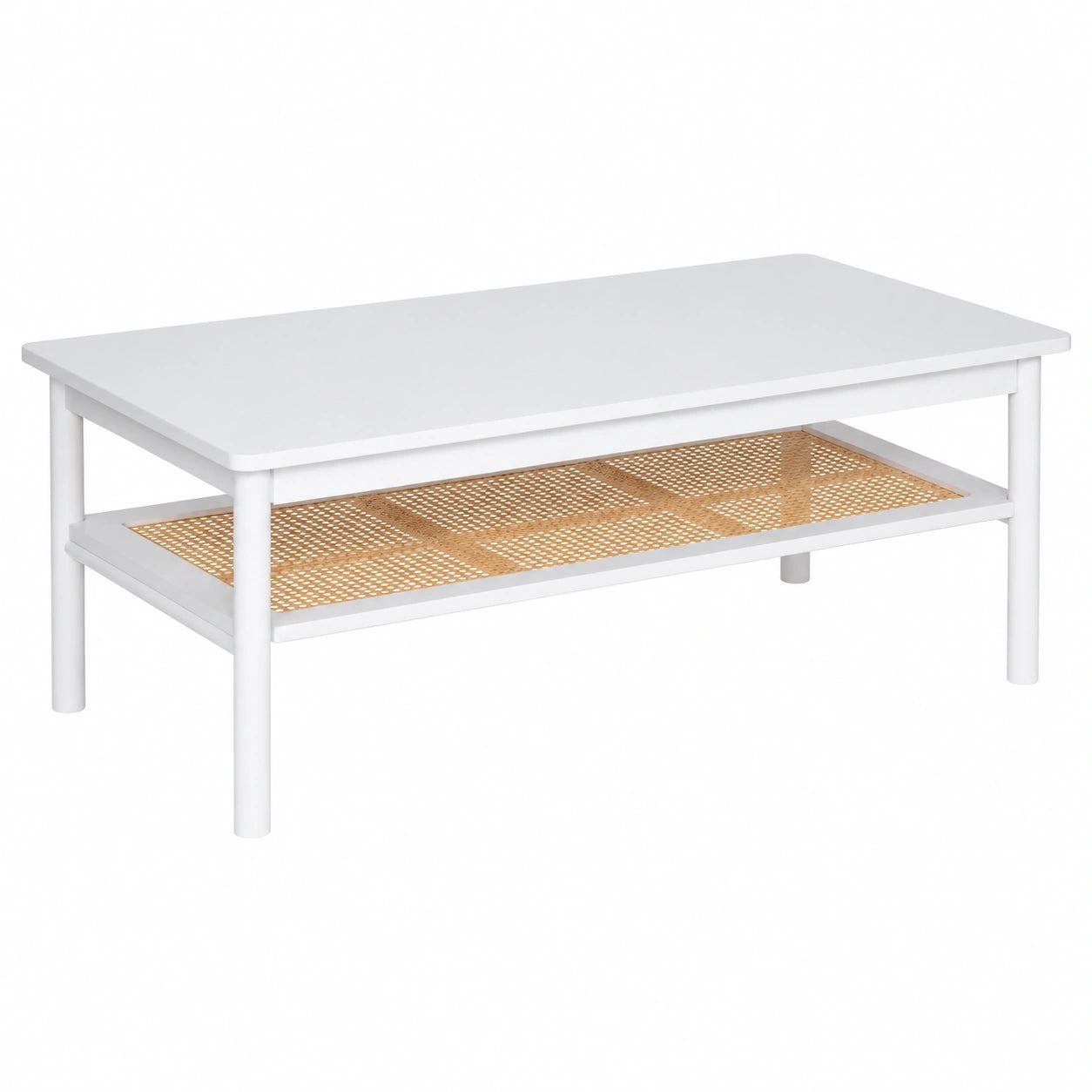 Skandinavischer Couchtisch aus Holz und Rattan, 110x60 cm, Weiß