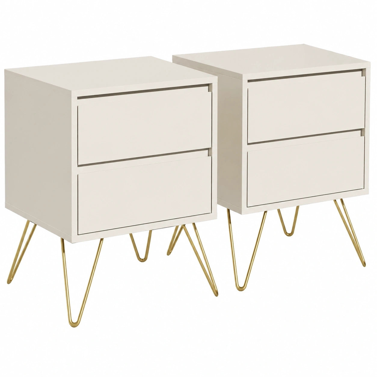 Garvis Home 2er Set Nachttische mit Schubladen und goldenen Hairpin-Beinen, Retro Nachtschrank für Boxspringbetten, mit Kippschutz, Creme