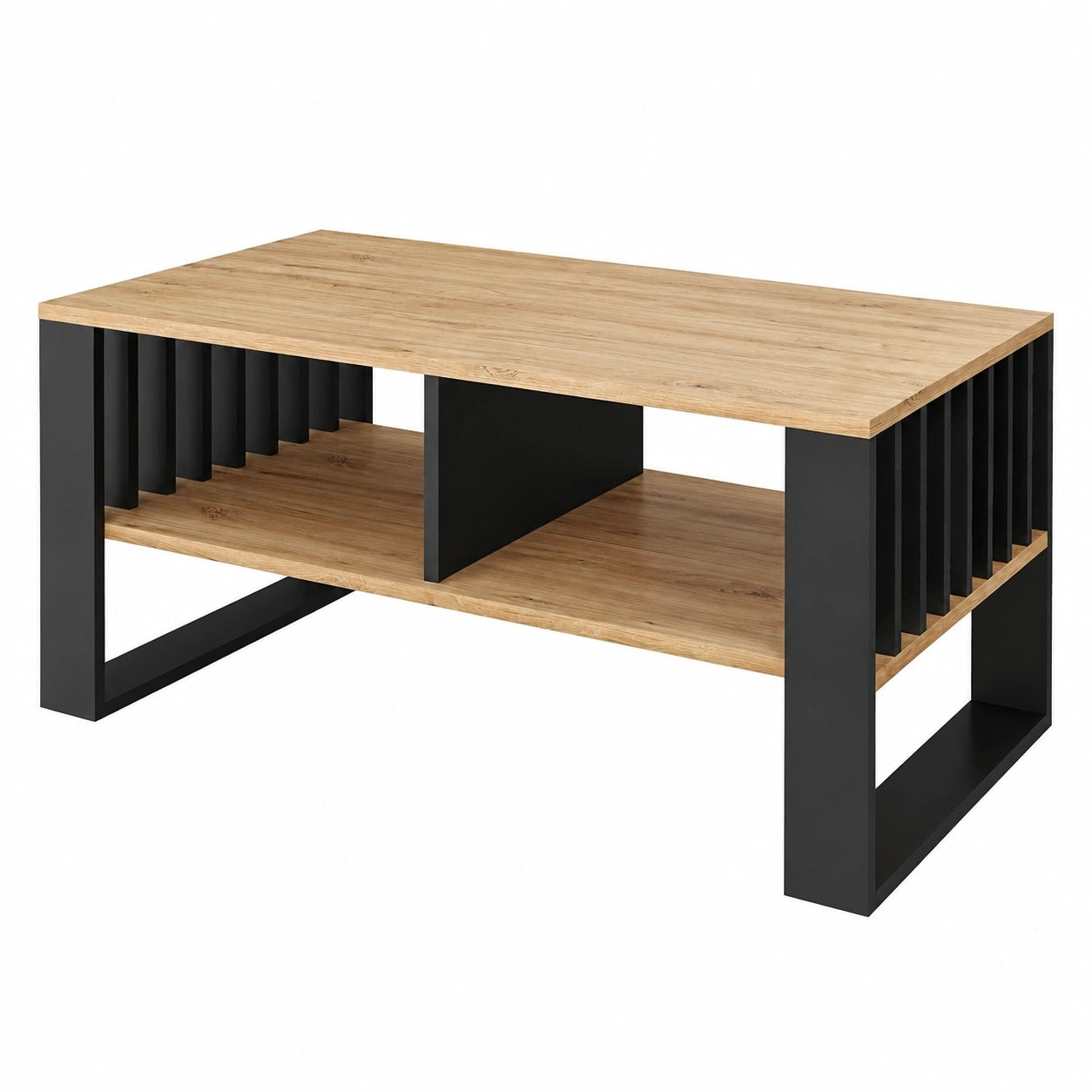 Moderner Couchtisch mit Stauraum und Lamellenelementen - Eiche, 90 x 50 x 50 cm