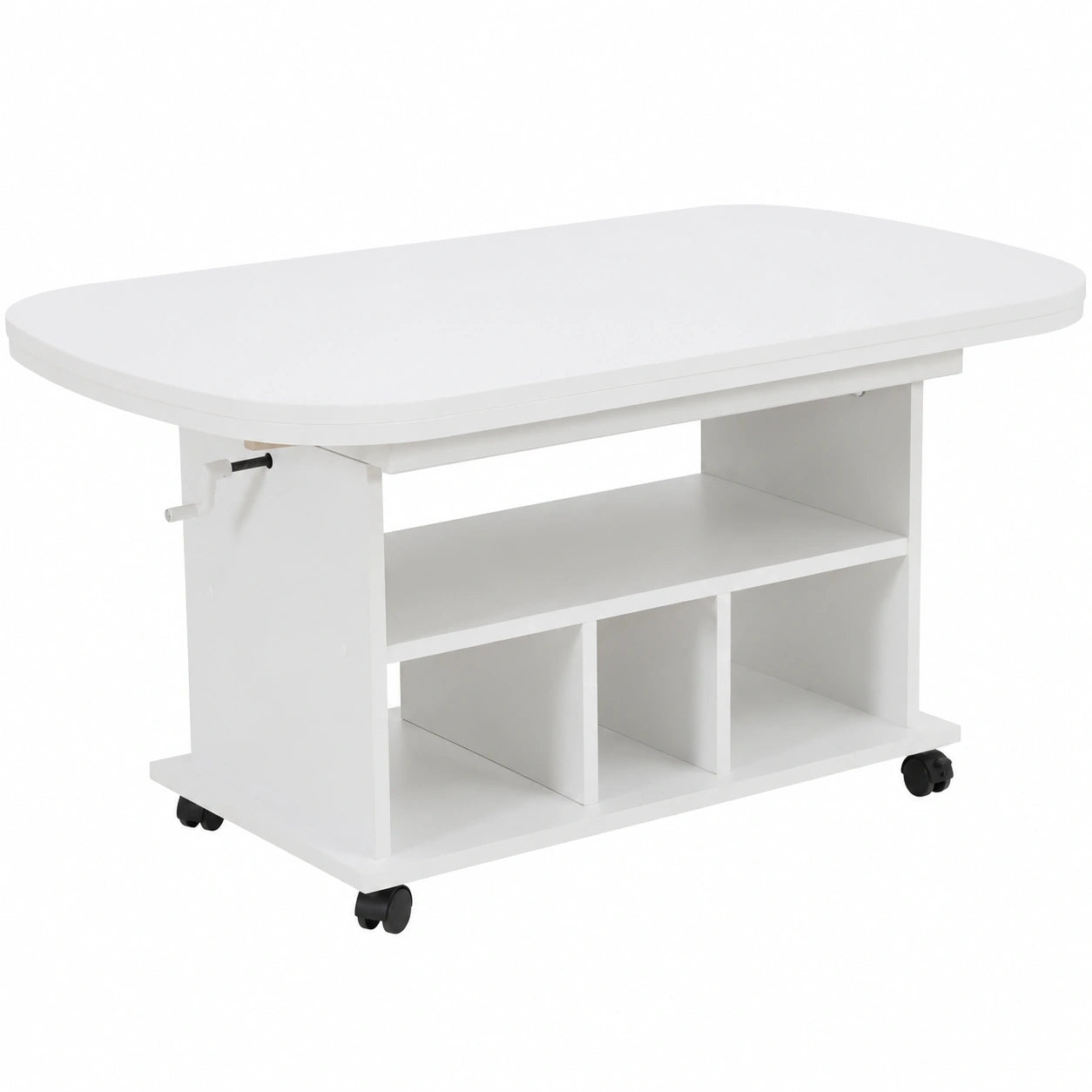 Moderner Funktionscouchtisch Babsi, höhenverstellbar und ausziehbar, Weiß, 53-63 cm, 107-157 cm, auf Rollen