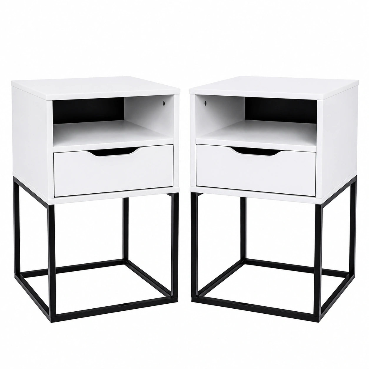 Modernes 2er Set Nachttische mit Schublade aus MDF & Metall, Weiß, 38x63x36 cm