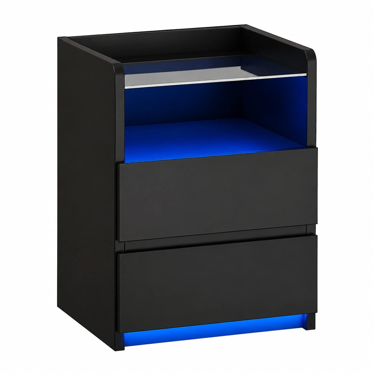 Moderner Nachttisch 2er-Set mit LED, Glasplatte und USB-Anschlüssen, Schwarz
