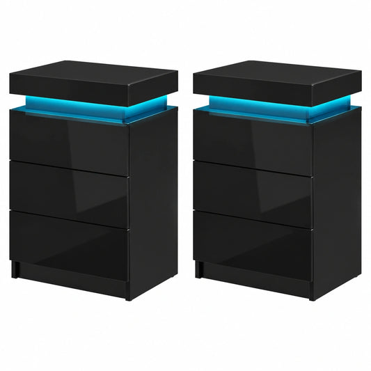 CLIPOP LED-Nachttische 2er Set, Farbverstellbar, 3 Schubladen, Hochglanz, für Wohnzimmer & Schlafzimmer, 45 x 35 x 67 cm