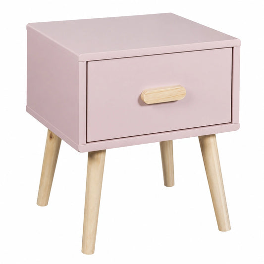 Kinder Nachttisch Rosa-Braun aus Kiefernholz mit Schublade, Platzsparend - 44x35x35 cm