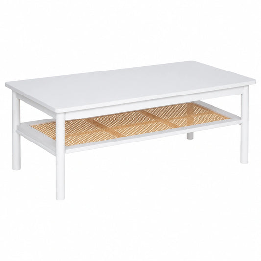 Skandinavischer Couchtisch aus Holz und Rattan, 110x60 cm, Weiß