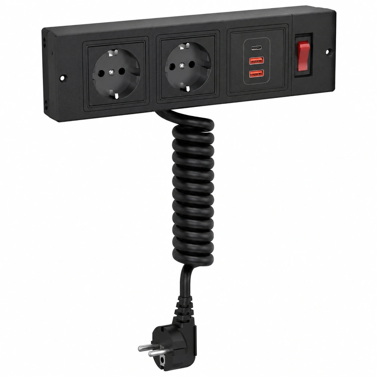 Versenkbare Steckdose mit Federkabel, Dinolink Einbauleiste mit 2 Steckplätzen, 3 USB-Ports, Schalter, Mehrfachsteckdose für Möbel, Büro und Küche, Schwarz