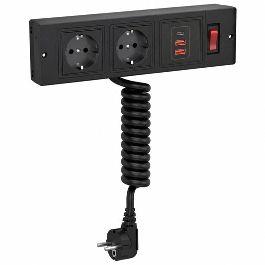 Versenkbare Steckdose mit Federkabel, Dinolink Einbauleiste mit 2 Steckplätzen, 3 USB-Ports, Schalter, Mehrfachsteckdose für Möbel, Büro und Küche, Schwarz