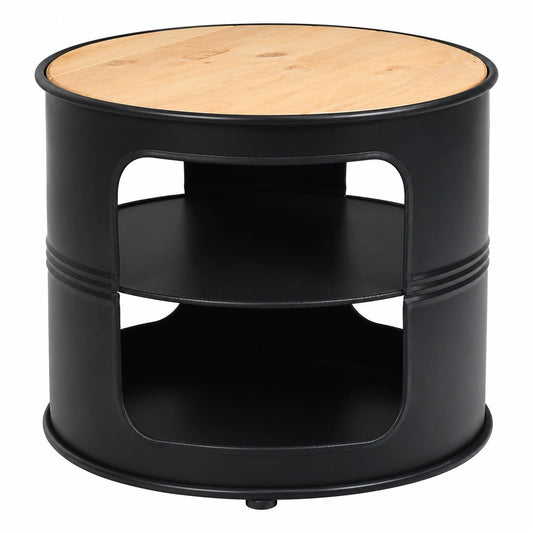 Industrie-Design Couchtisch mit 3 Ebenen und offener Regalfläche, Rundes Ölfass-Design, Holz-Metall-Kombination, Beistelltisch für Wohnzimmer, 50x50x41,5cm