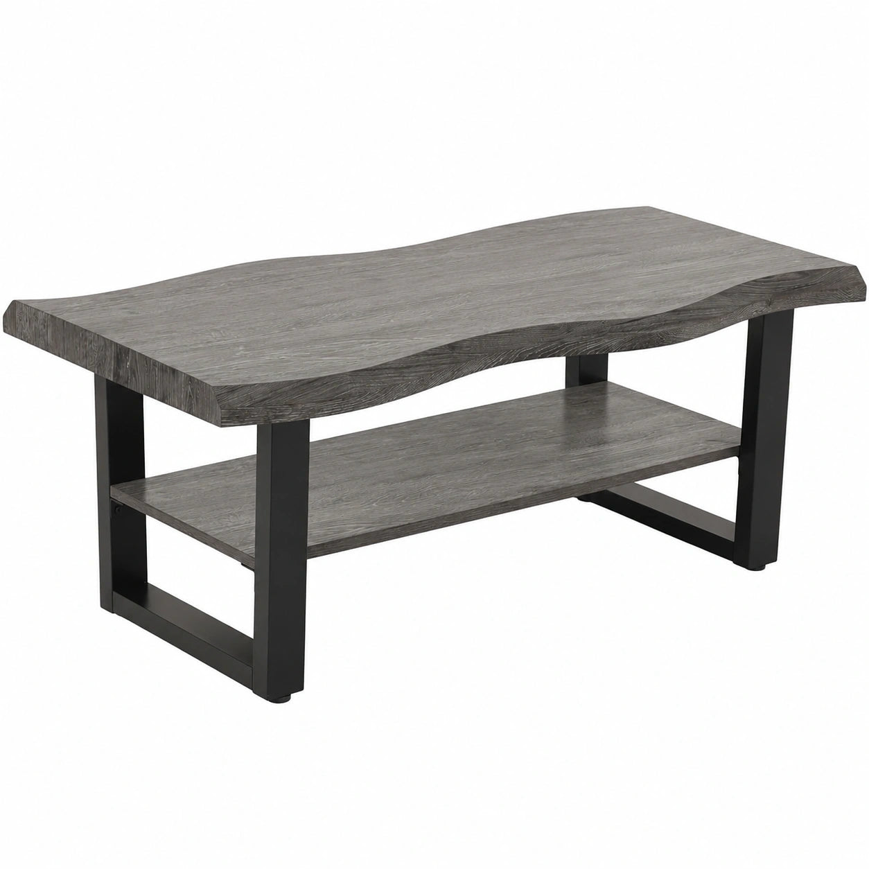 Moderner Akazien-Couchtisch mit Baumkante und Metallgestell, 110x60cm, Grau