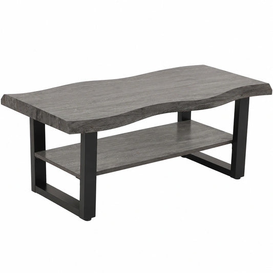 Moderner Akazien-Couchtisch mit Baumkante und Metallgestell, 110x60cm, Grau