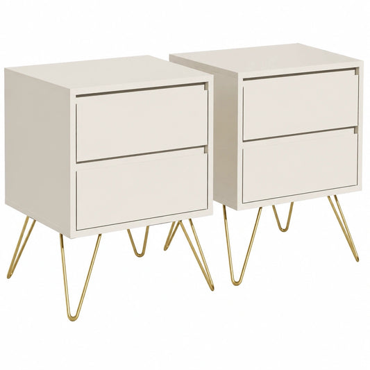 Garvis Home 2er Set Nachttische mit Schubladen und goldenen Hairpin-Beinen, Retro Nachtschrank für Boxspringbetten, mit Kippschutz, Creme