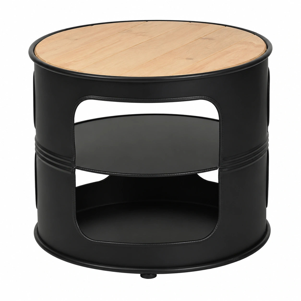 Runder Couchtisch aus Holz und Metall, Weinfass-Design 50x50x41,5cm, Industriestil in Vintage Schwarz