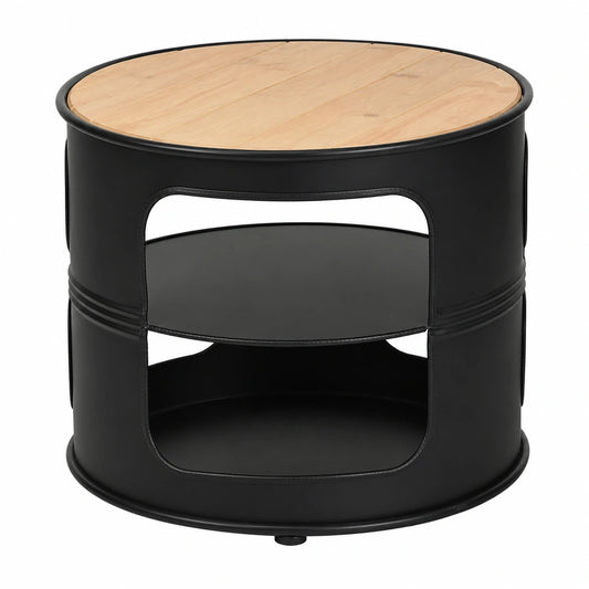 Runder Couchtisch aus Holz und Metall, Weinfass-Design 50x50x41,5cm, Industriestil in Vintage Schwarz