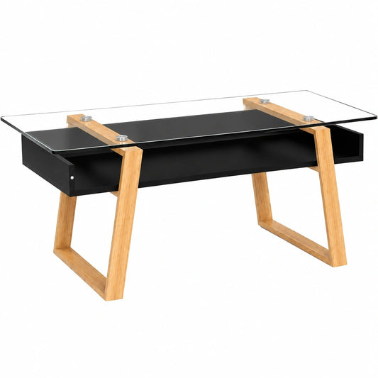 Moderner Wohnzimmertisch aus Glas und Bambus, mit Ablage, 110x55x40 cm, skandinavisches Design, schwarz