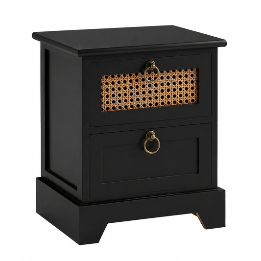 Nachttisch Padma aus Paulownia-Holz mit Wiener Geflecht, Retro-Design in Schwarz
