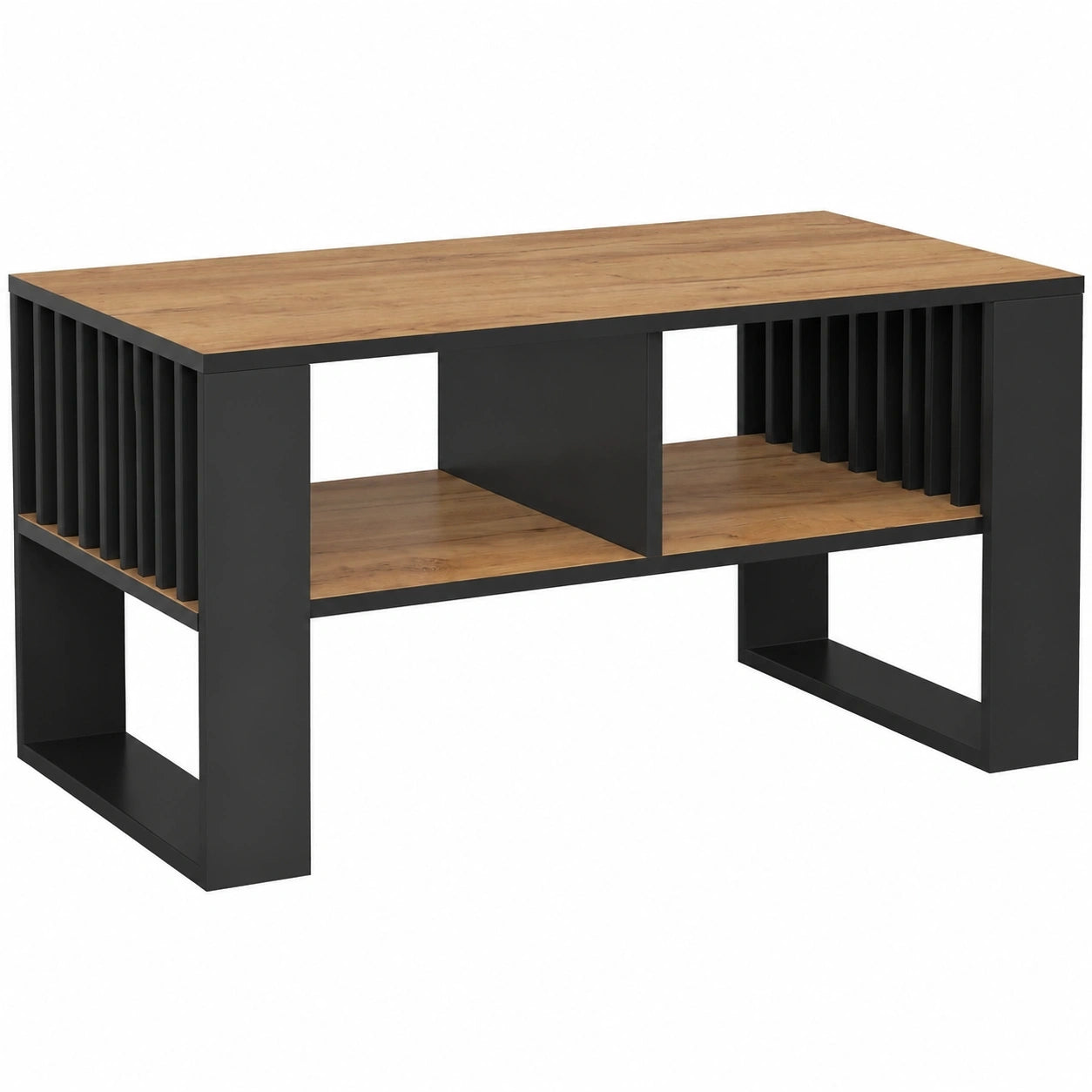 Moderner Couchtisch Rockford aus Holz mit Regal, 92x45x53cm, Eiche & Schwarz