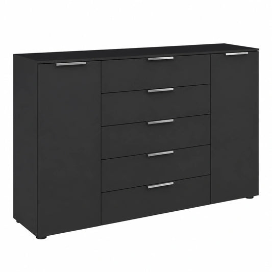 Rauch Möbel Flipp Kommode Schwarz, 2 Türen & 5 Schubladen, Softclose, 160 cm, Mehrzweck-Schrank für Schlafzimmer, Kinderzimmer, Flur