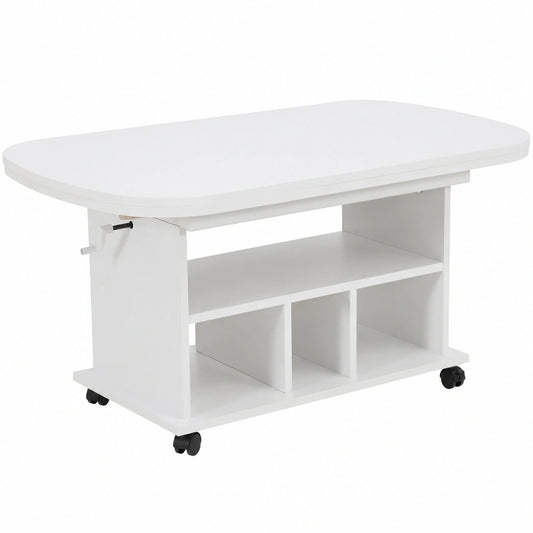 Moderner Funktionscouchtisch Babsi, höhenverstellbar und ausziehbar, Weiß, 53-63 cm, 107-157 cm, auf Rollen