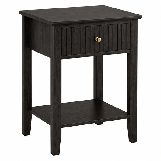 Vintage Nachttisch aus Massivholz mit Schublade, Boho-Stil, Schwarz
