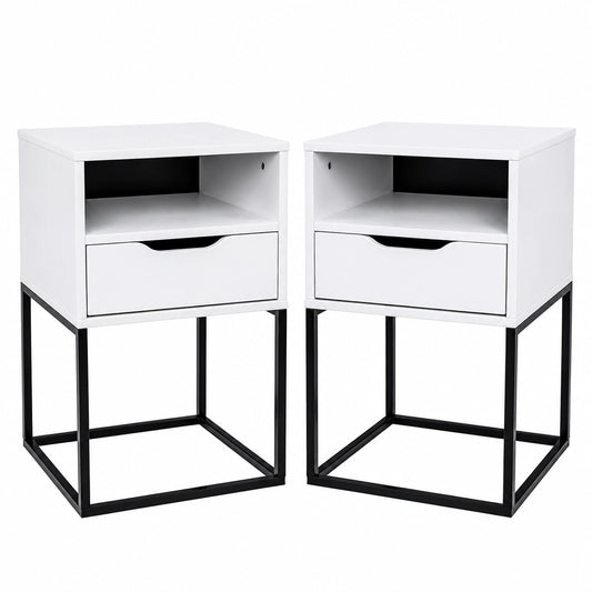 Modernes 2er Set Nachttische mit Schublade aus MDF & Metall, Weiß, 38x63x36 cm