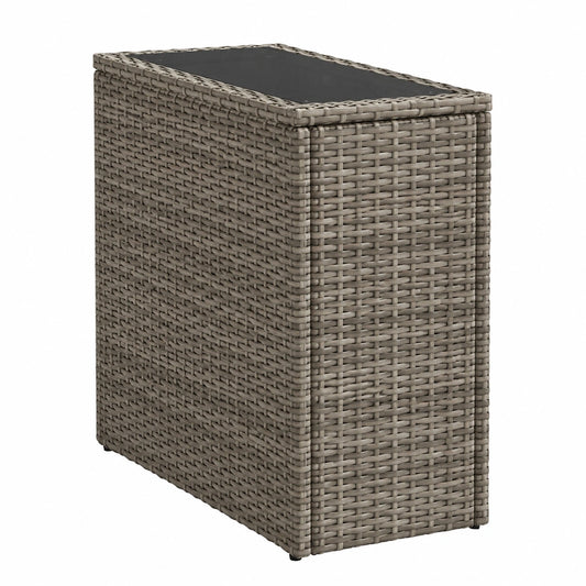 Moderner Gartentisch aus Glas und Rattan, Beistelltisch für Terrasse und Balkon in Grau