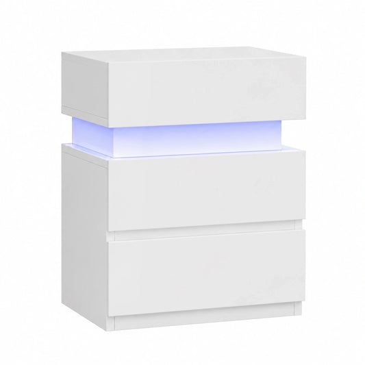 Moderner Nachttisch im 2er-Set mit LED-Beleuchtung, Hochglanz, 3 Schubladen, Farbwechsel, 35 x 40 x 55 cm, Weiß