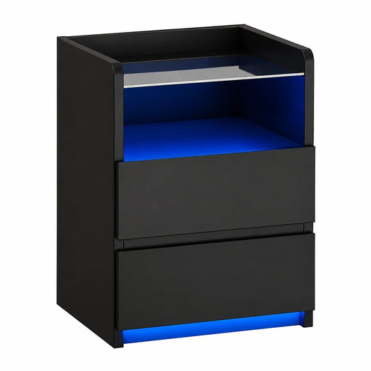 Moderner Nachttisch 2er-Set mit LED, Glasplatte und USB-Anschlüssen, Schwarz