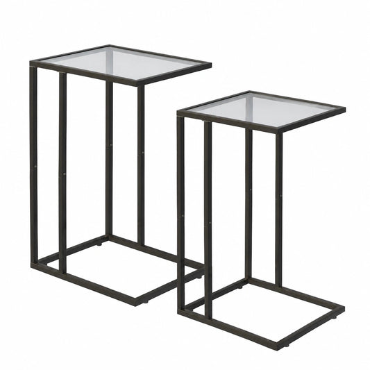 Moderner C-Form Beistelltisch Set, Glas und Metall, Schwarz, Ideal für Sofa und Bett