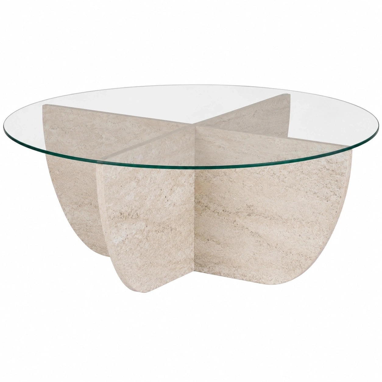 Moderner Couchtisch aus Sicherheitsglas und Travertin-Optik, 90x90x30 cm